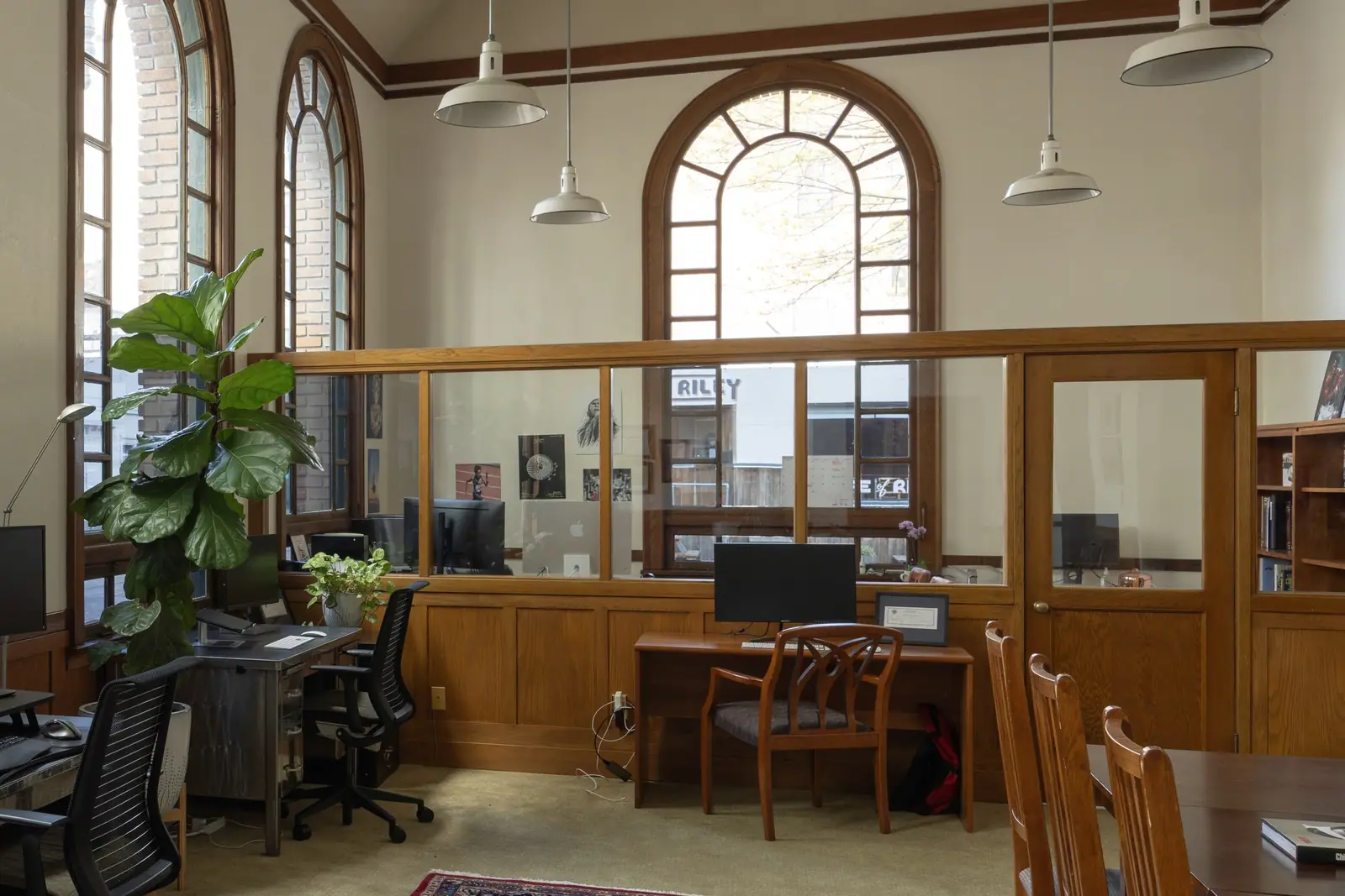 Conference table and architectural details in the Portland office